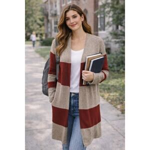 Claudia Nicole Merino Cashmere Blend Beige Burgundy Striped Duster Sweater M